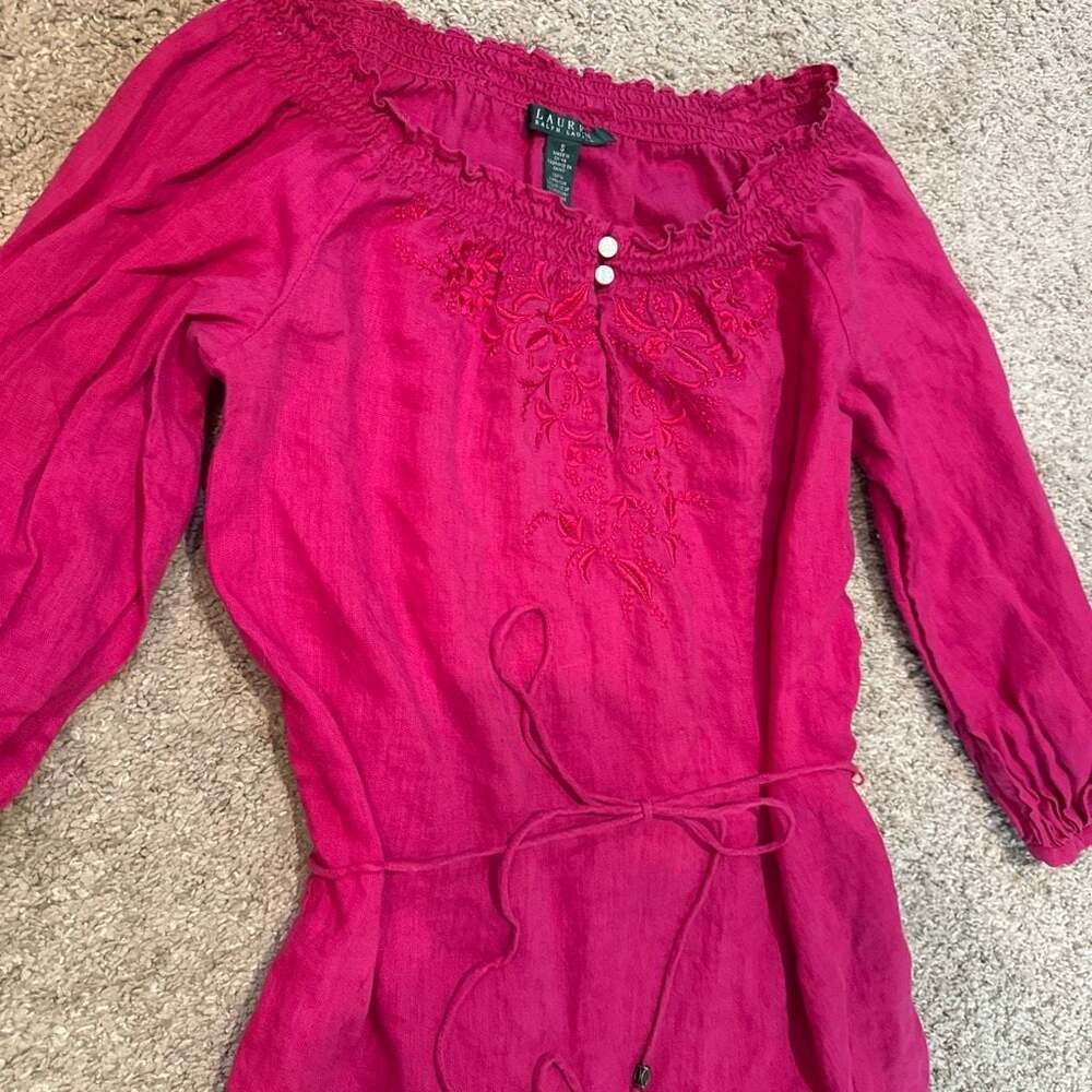 Lauren Ralph Lauren Fuchsia Linen Embroidered Peasant Blouse Top Size S